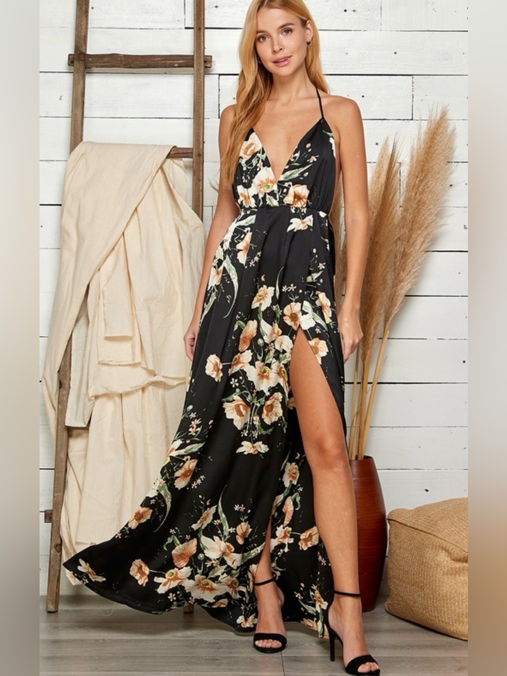 Black Floral V-Neck Maxi Dress with Side Slit